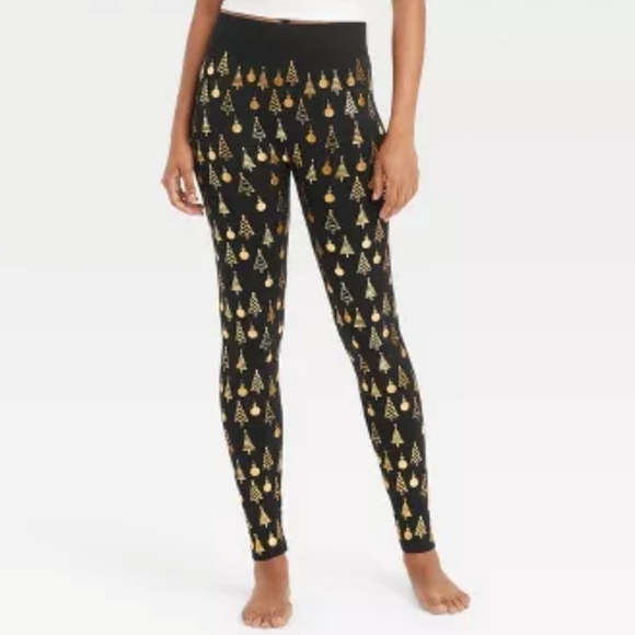 Wondershop™ Foil Print Tree & Ornament Fleece Lined Leggings - Black Size S/M - Picture 1 of 7